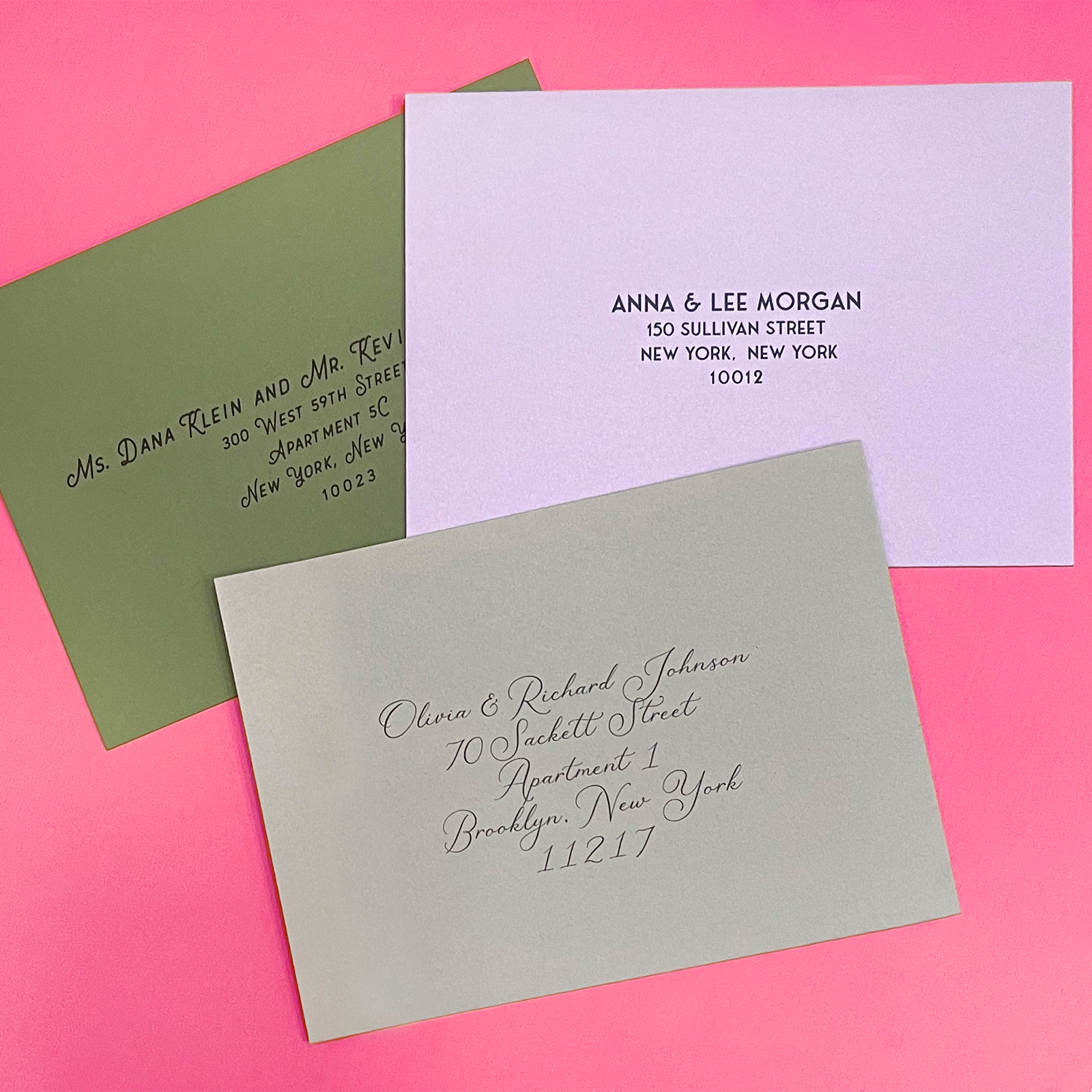 digital calligraphy for custom letterpress New York City color envelopes