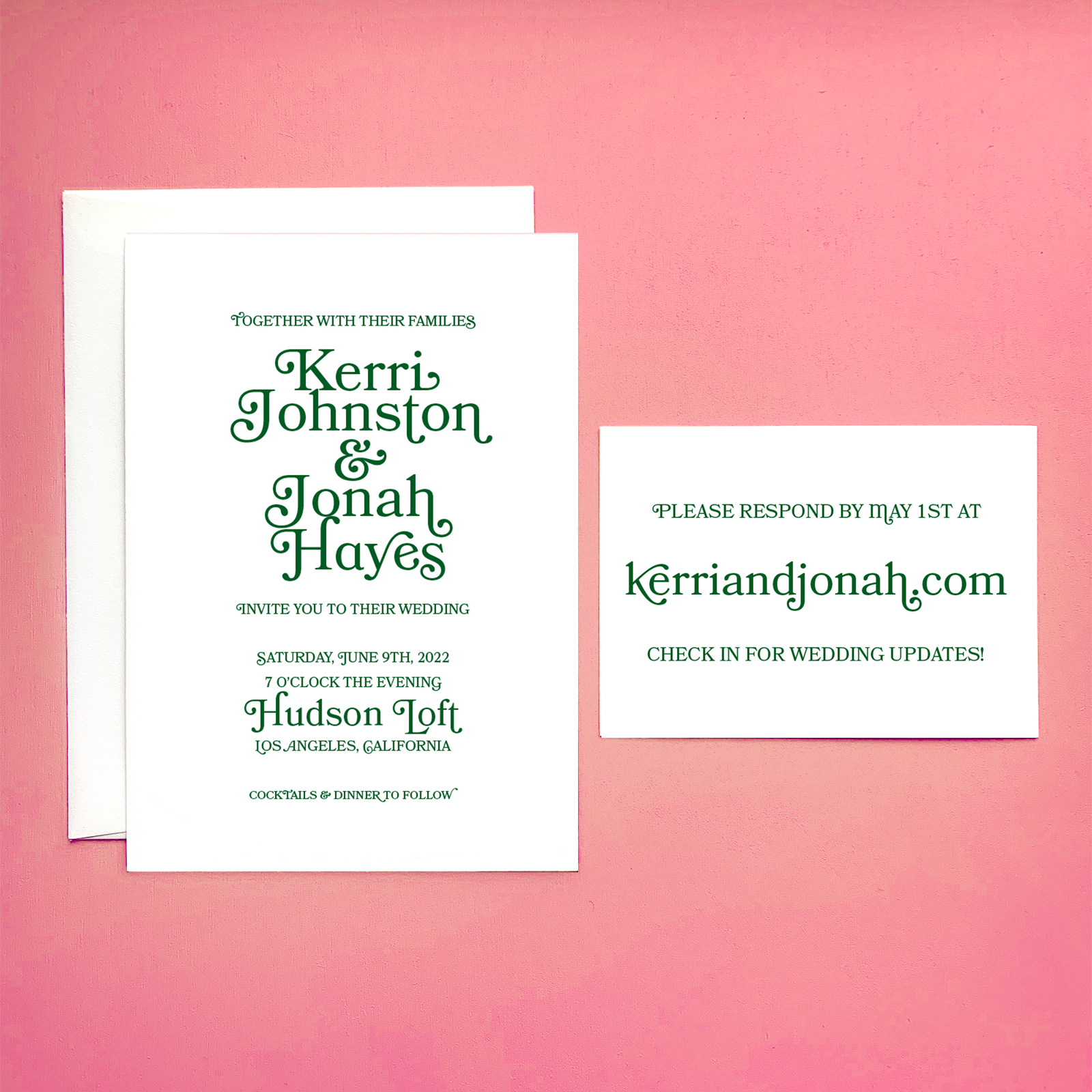Bookish Letterpress Wedding invitation New York City Modern Font Green ink
