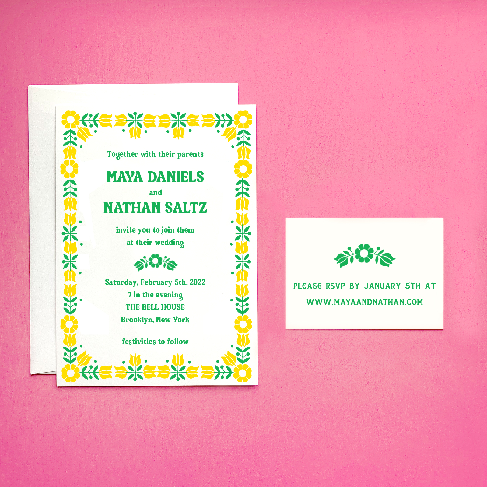 Retro 1960 1970 flowers letterpress wedding invitations New York City Brooklyn Yellow and Green
