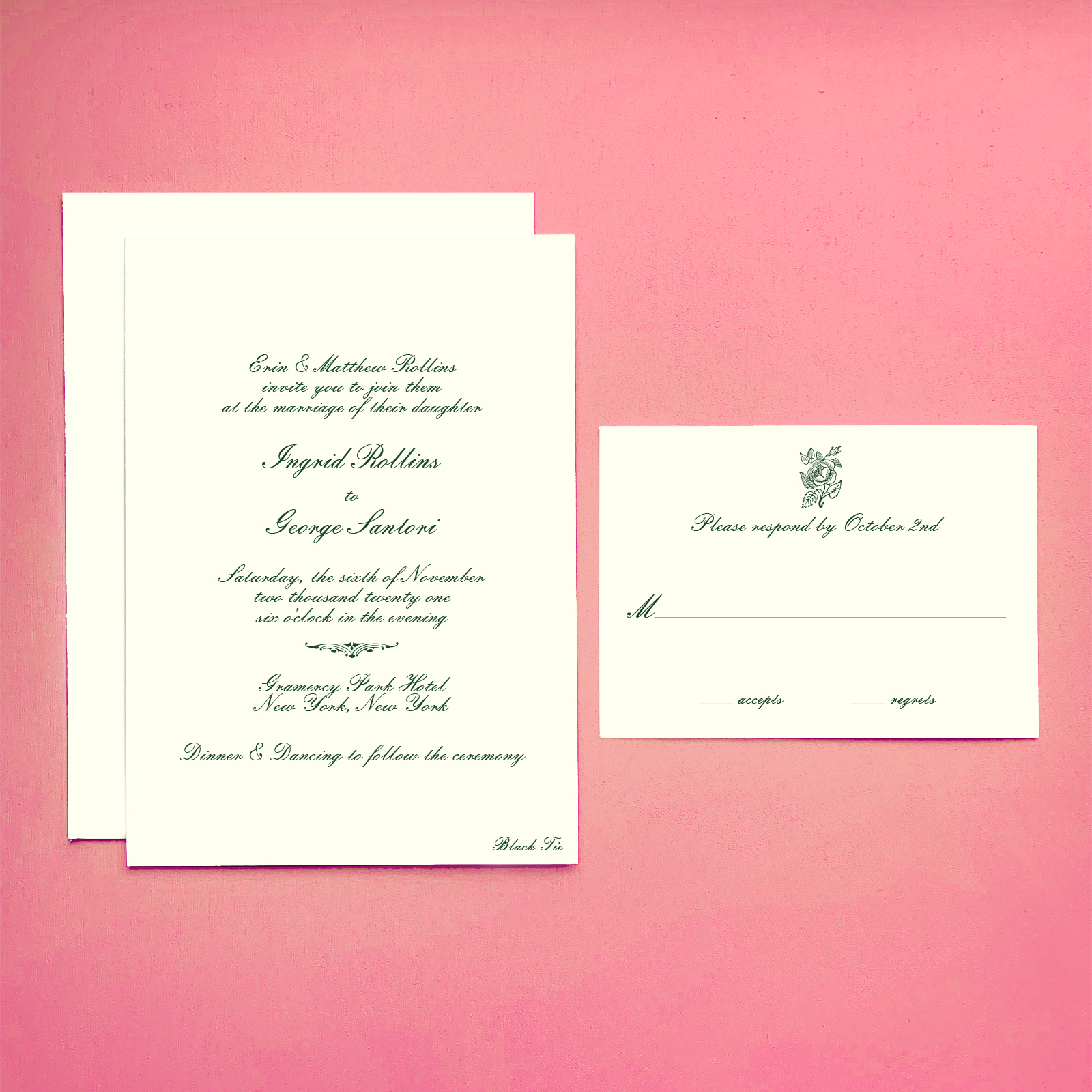 Classic Letterpress Wedding Invitation Dark Green Ink Script Font New York City