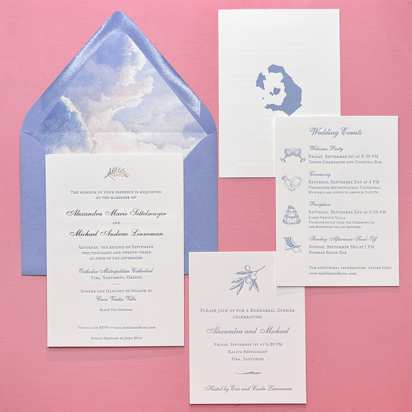 Letterpress wedding invitation in Greece