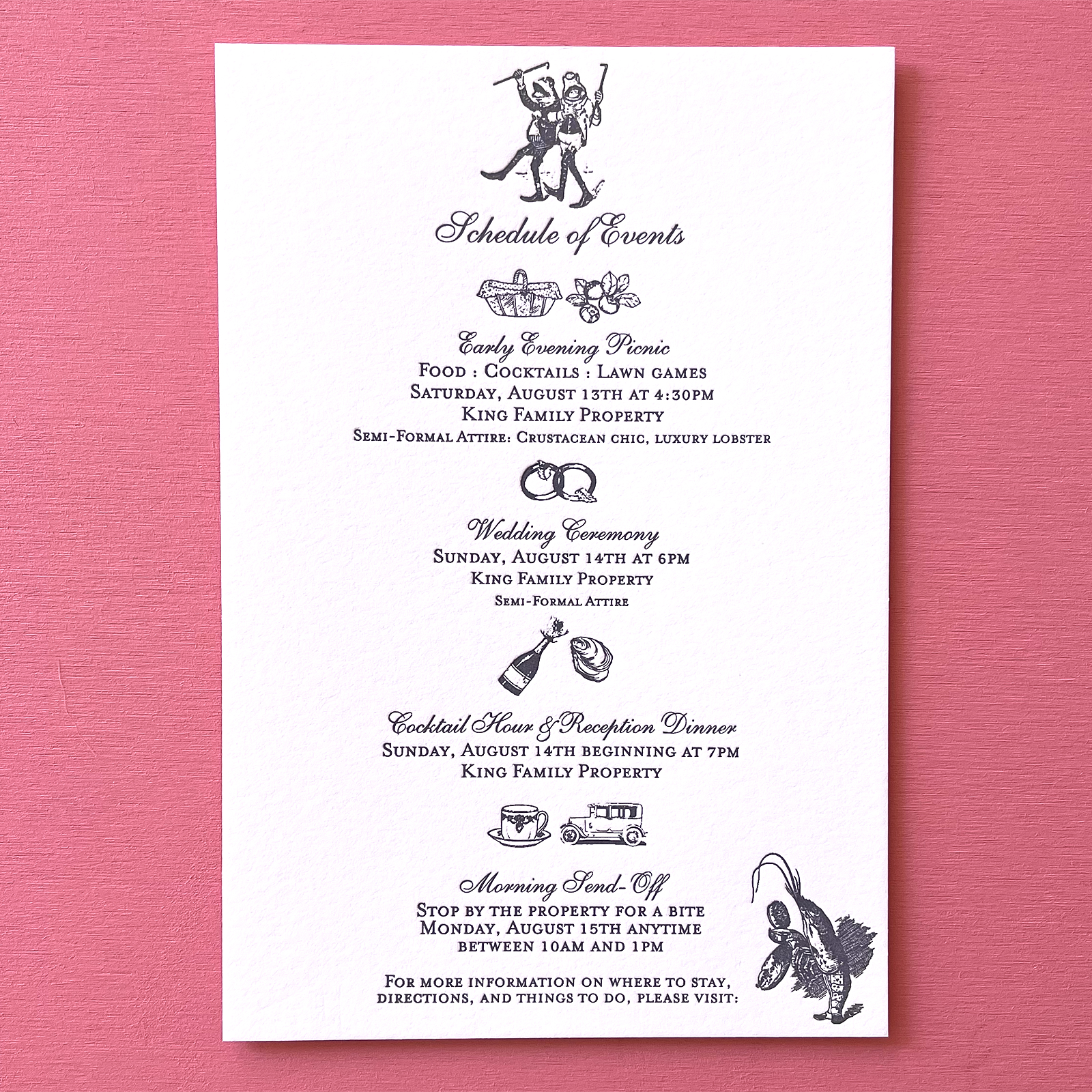 A vintage-inspired letterpress wedding details card adorned with etched images, adding a touch of nostalgic charm to your special day.