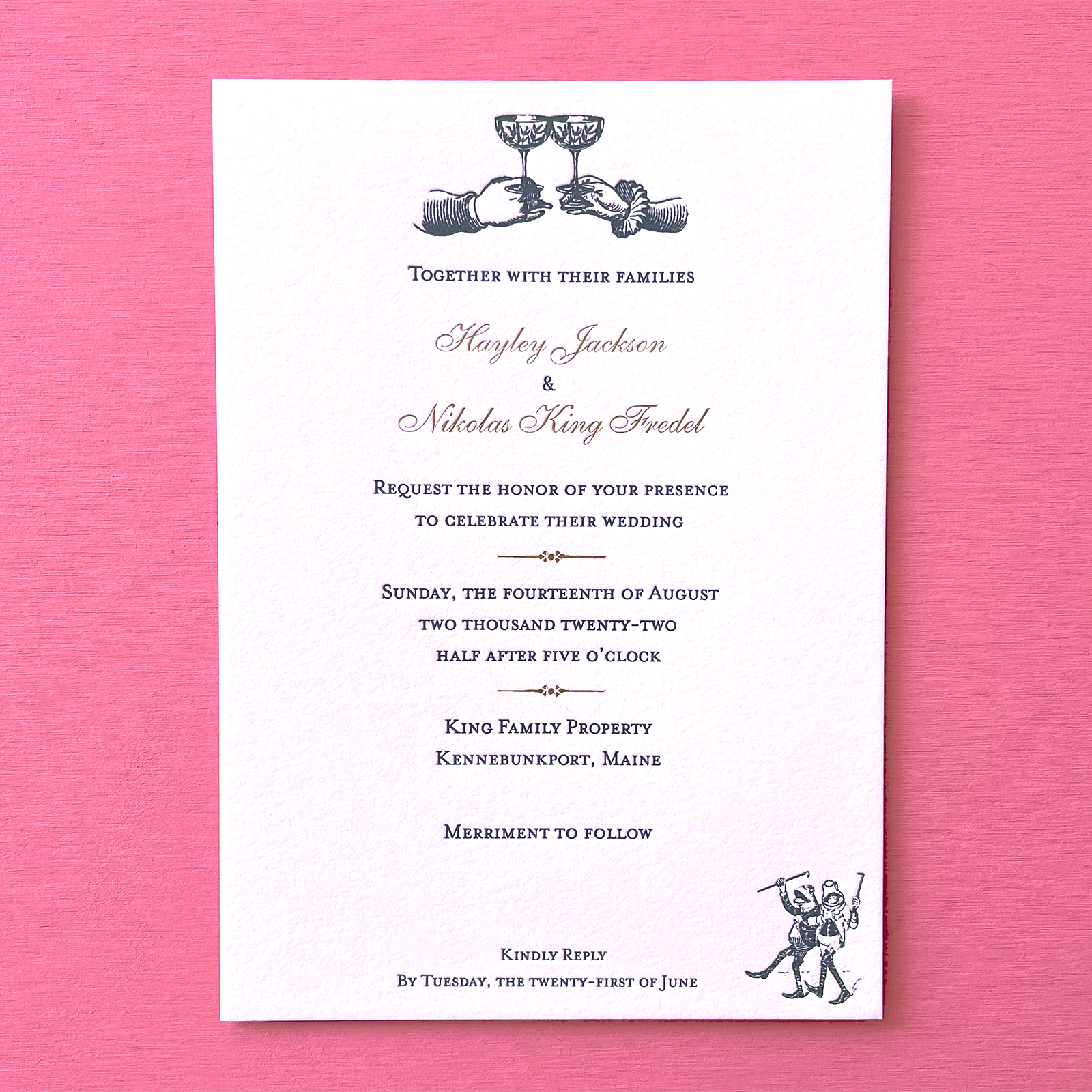 A stunning letterpress wedding invitation with intricate design details. Gold foil accents shimmer elegantly alongside rich ink printing, creating a luxurious and timeless look.