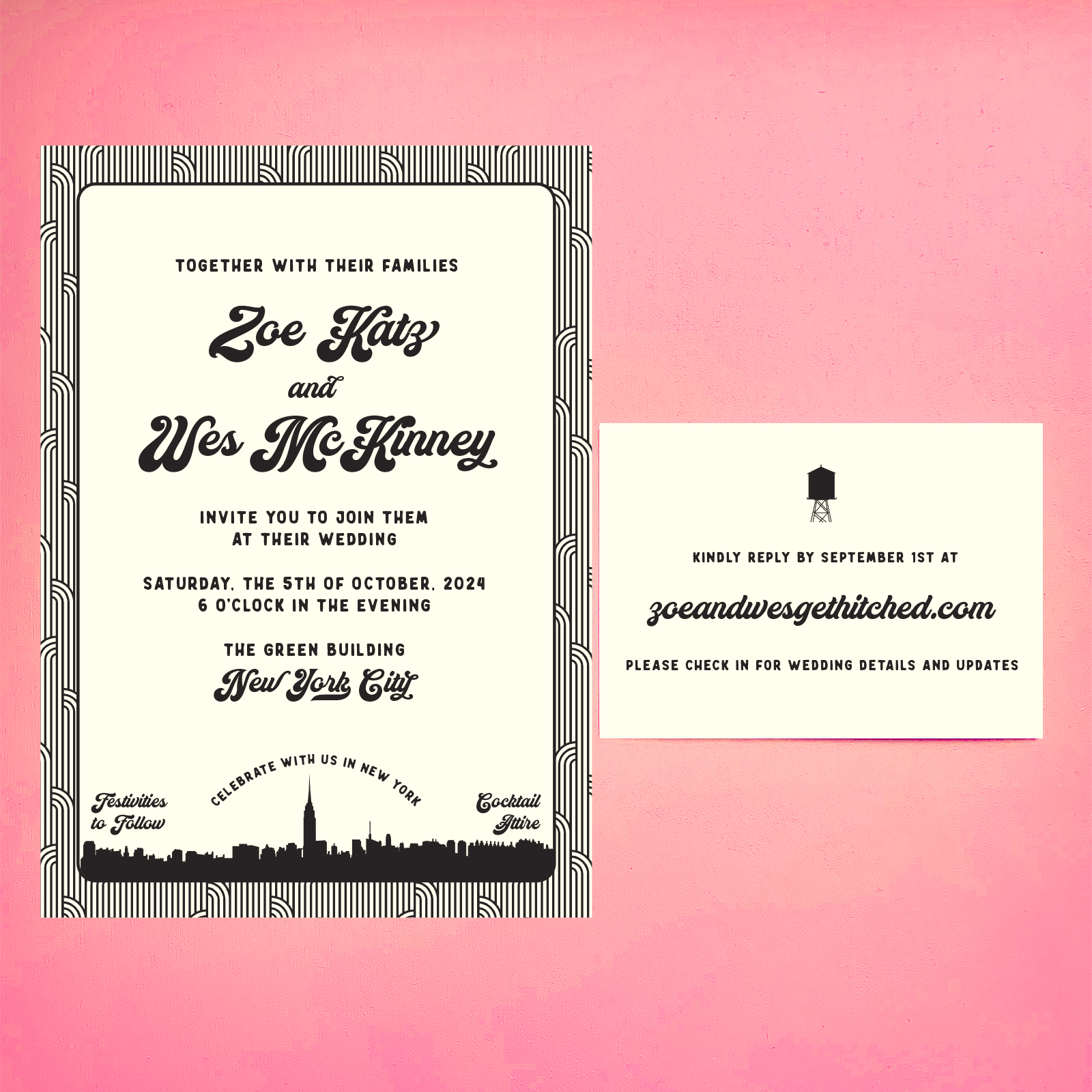An elegant and timeless letterpress wedding invitation featuring retro type and New York City skyline